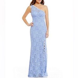 Morgan & Co. One-Shoulder Sky Blue Lace Dress for Prom Homecoming Wedding